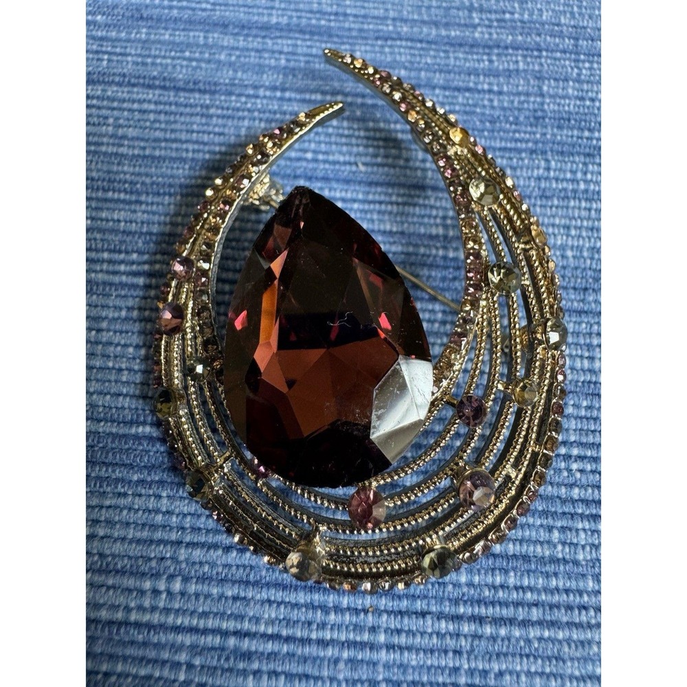 Large Amethyst Purple Rhinestone Swirl Brooch Pin Gunmetal Tone Vintage Style